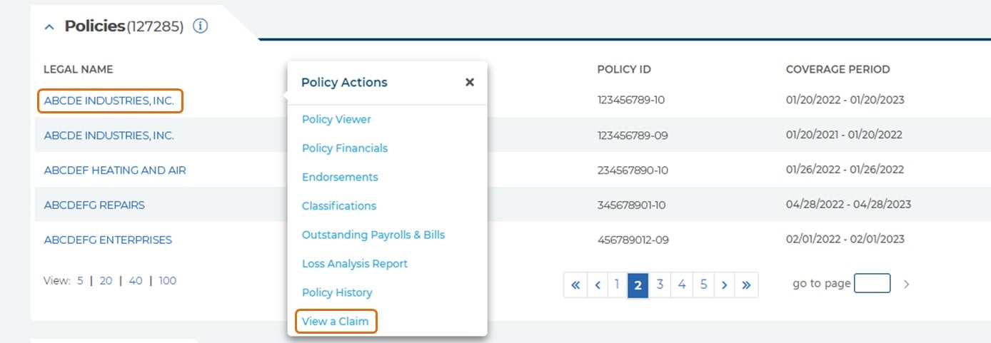 Selecting a policy and viewing its claims