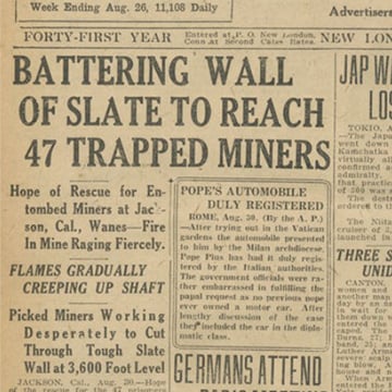 A newspaper clipping from 1922 about the Argonaut Mine accident.